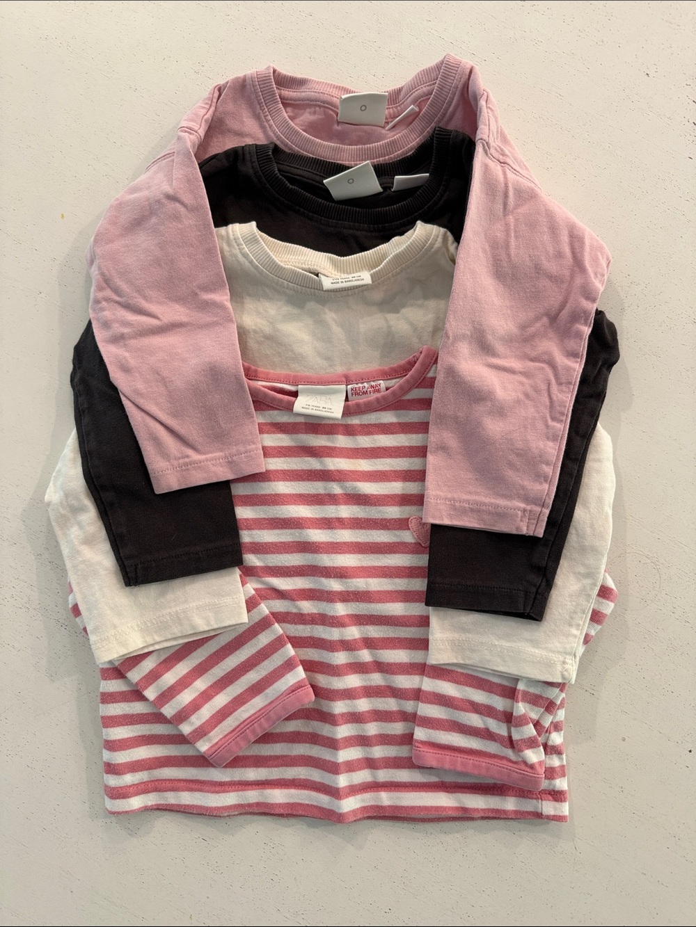 Zara Kids Long-Sleeve Tee Pack - Pink, Brown, Cream, and Pink/White Stripe